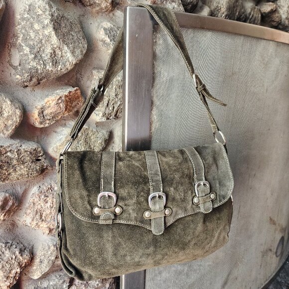 Abaco Paris Green Suede Flap-Over Shoulder Bag - Picture 2 of 16